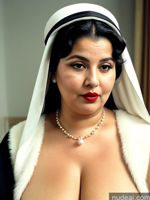 ai nude image of araffe woman with a white head scarf and a red lipstick pics of Chubby Fat Thick Big Ass Big Hips Short 80s Hair Bun Dress Pearl Jewelry Huge Boobs Shocked Arabic Lipstick Black Hair 60s Fur Nun