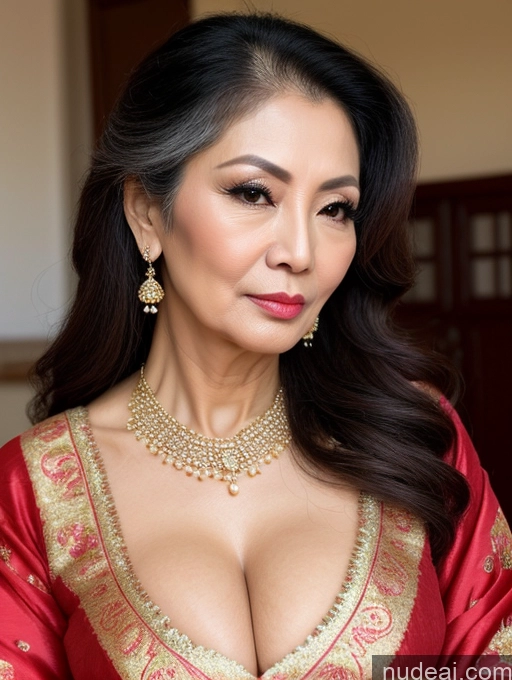 ai nude image of araffed asian woman in a red dress with a gold necklace and earrings pics of Milf Beautiful Skinny 60s Asian Cleavage Traditional Pouting Lips Long Hair