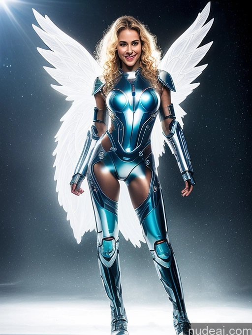 ai nude image of araffe dressed in a shiny blue costume with wings and a gun pics of Perfect Body Oiled Body 30s Portuguese Cyborg Front View Sci-fi Armor Transparent Angel Curly Hair Boots Perfect Boobs Happy Bright Lighting