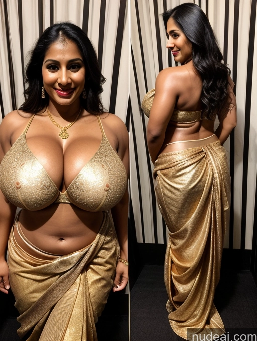 ai nude image of a close up of a woman in a gold dress posing for a picture pics of Milf Busty Huge Boobs Beautiful Tattoos Lipstick Muscular Big Ass Abs Thick Big Hips Long Legs Tall Dark Skin Oiled Body 20s Happy Indian Front View Sari Traditional Dark Lighting Detailed Sexy Face Gold Jewelry