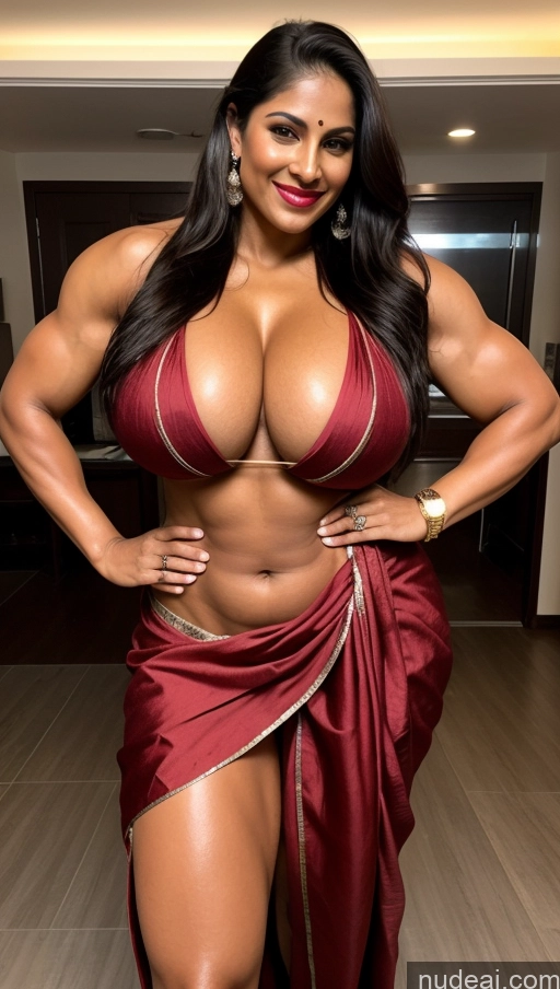 related ai porn images free for Bodybuilder Busty Huge Boobs Beautiful Tattoos Lipstick Muscular Big Ass Abs Thick Big Hips Long Legs Tall Perfect Body Oiled Body Happy Indian Front View Sari Traditional Diamond Jewelry Dark Lighting Detailed Sexy Face