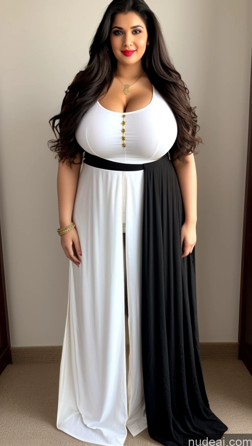 ai nude image of a woman in a white and black dress posing for a picture pics of Huge Boobs Lipstick Big Ass Abs Chubby Fairer Skin Black Hair Long Hair Indian Salwar