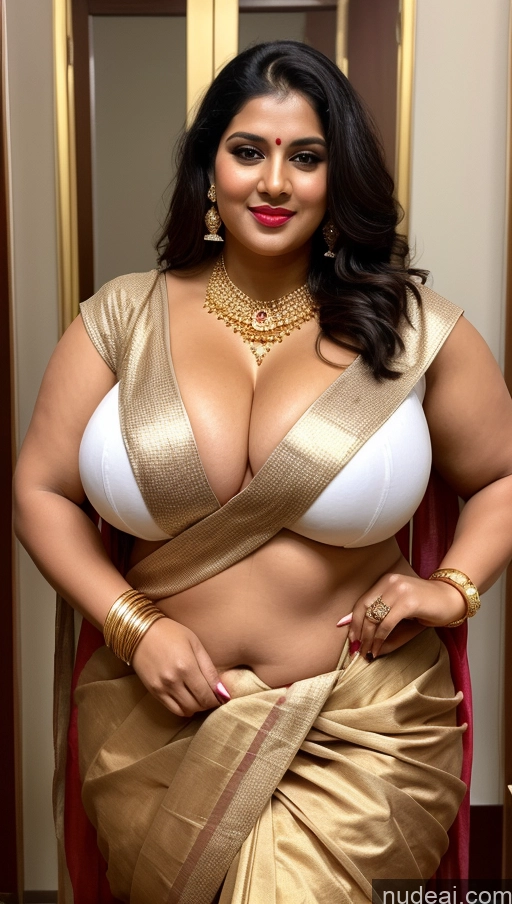 ai nude image of a close up of a woman in a sari posing for a picture pics of Huge Boobs Lipstick Big Ass Abs Chubby Fairer Skin Black Hair Long Hair Indian Sari Gold Jewelry