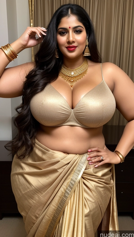 ai nude image of a woman in a gold sari posing for a picture pics of Huge Boobs Lipstick Big Ass Abs Chubby Fairer Skin Black Hair Long Hair Indian Sari Gold Jewelry