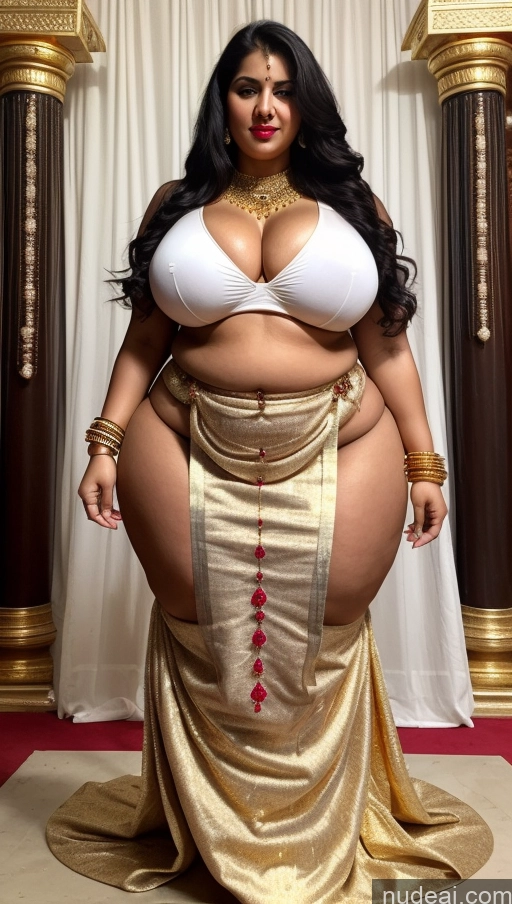 ai nude image of a woman in a gold dress posing for a picture pics of Huge Boobs Lipstick Big Ass Abs Chubby Fairer Skin Black Hair Long Hair Gold Jewelry Indian Traditional