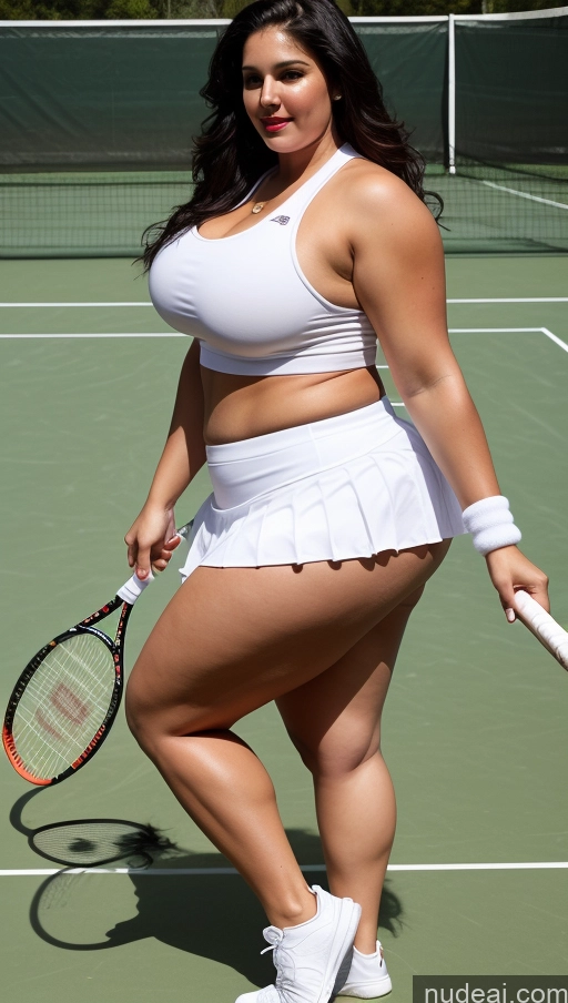 ai nude image of araffe woman in white tennis outfit holding a tennis racket pics of Huge Boobs Lipstick Big Ass Abs Chubby Fairer Skin Black Hair Long Hair Indian Tennis