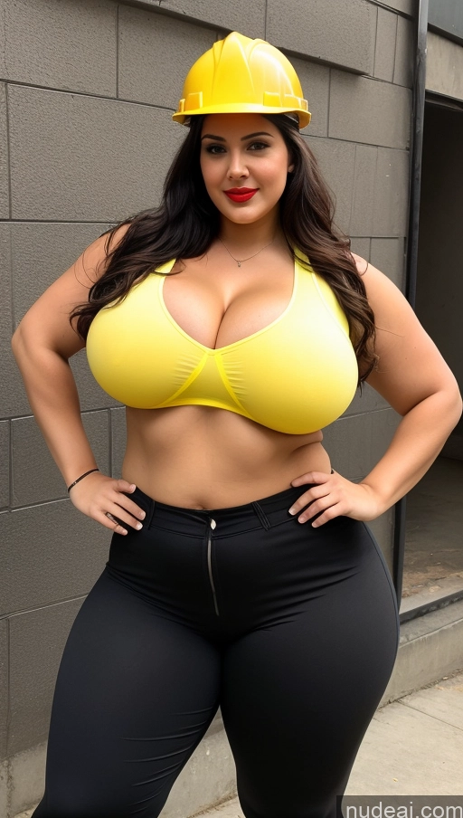 ai nude image of arafed woman in a yellow hard hat and black pants pics of Huge Boobs Lipstick Big Ass Abs Chubby Fairer Skin Black Hair Long Hair Indian Construction Worker