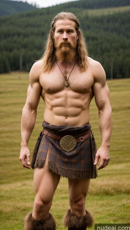 ai nude image of arafed man in a kilt standing in a field with a beard pics of Perfect Boobs Muscular Big Ass Long Legs Pubic Hair 50s Ginger Bangs Scandinavian Film Photo Front View Kilt Medieval Traditional Tribal Viking Partially Nude Chain Shackles Bodybuilder One Small Tits