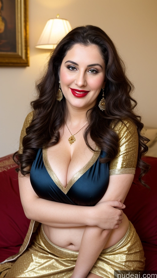 ai nude image of araffe woman in a gold dress posing on a red couch pics of Milf Busty Beautiful Lipstick Thick Big Hips Chubby Fat Fairer Skin 20s Happy Seductive Brunette Long Hair Russian Party Front View Straddling Sari Blouse Dirndl Victorian Cleavage Gold Jewelry