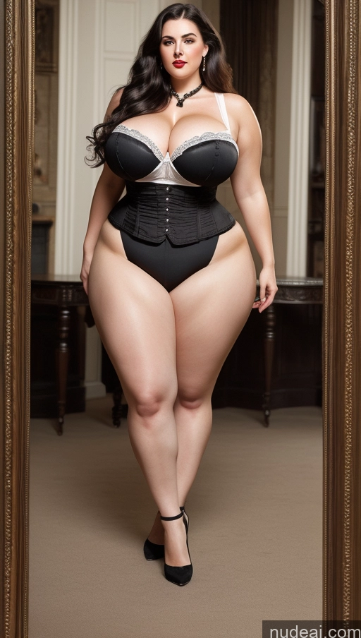 ai nude image of arafed woman in a black and white corset posing in a mirror pics of Huge Boobs Lipstick Big Ass Abs Chubby Fairer Skin Black Hair Long Hair Victorian