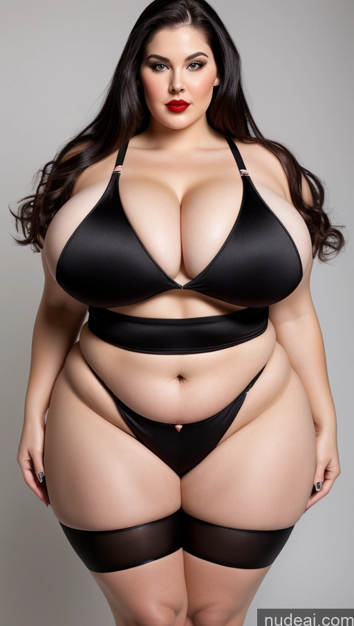 ai nude image of arafed woman in a black bikini and black stockings posing for a picture pics of Huge Boobs Lipstick Big Ass Abs Chubby Fairer Skin Black Hair Long Hair Harlequin