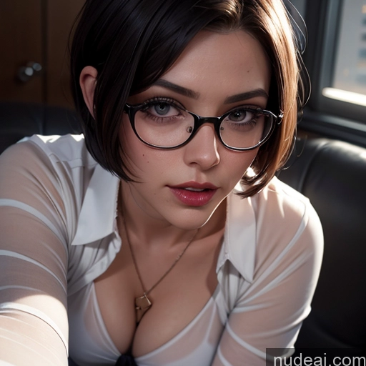 ai nude image of there is a woman with glasses sitting on a couch pics of Model Thick Glasses 40s Brunette Dark Fantasy Stockings Dark Lighting Close-up View Sexy Face Teacher Mini Skirt Blouse Cleavage Transparent Office Short Hair Cumshot