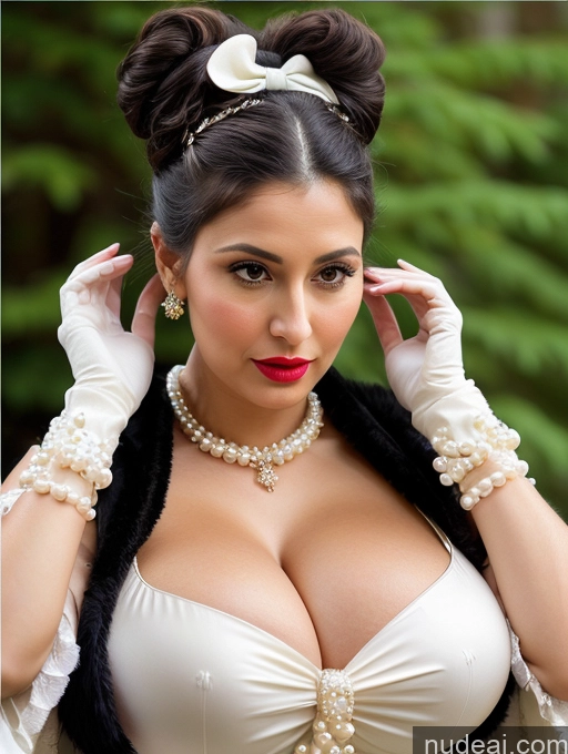 ai nude image of there is a woman in a white dress and pearls and a fur stole pics of Woman Busty Huge Boobs Lipstick Skinny Short Pregnant 40s Shocked Black Hair Hair Bun Jewish Dress Traditional Bows Gloves Pearl Jewelry