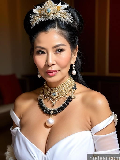 ai nude image of there is a woman wearing a white dress and a necklace pics of Bimbo Huge Boobs Skinny Short Pregnant Fairer Skin 70s Shocked Black Hair Hair Bun Thai Bows Dress Gloves Traditional Pearl Jewelry