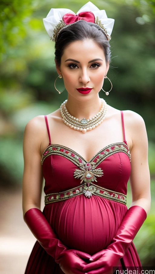 ai nude image of pregnant woman in red dress with red bow and pearls pics of Lipstick Skinny Short Pregnant Fairer Skin Shocked Black Hair Hair Bun Thai Bows Dress Gloves Traditional Pearl Jewelry Small Tits