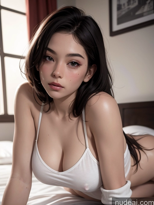 ai nude image of arafed asian woman in white lingersuit laying on a bed pics of Model One Beautiful Fairer Skin 18 Seductive Sexy Face Black Hair Asian Bedroom On Back Front View Casual