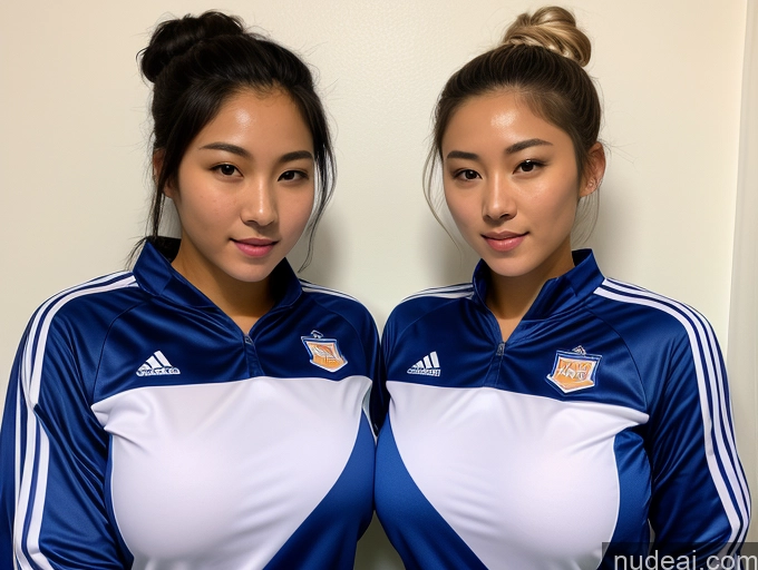 ai nude image of two asian women in blue and white uniforms posing for a picture pics of Athlete Two Huge Boobs Big Ass Big Hips Short 18 Seductive White Hair Korean Soccer Hair Bun