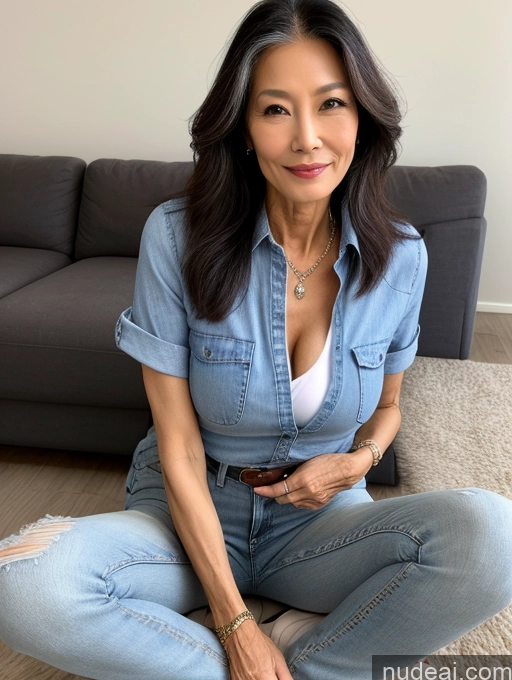 ai nude image of arafed woman sitting on the floor in a denim shirt and jeans pics of Model Beautiful Skinny Long Hair 60s Asian Jeans Cleavage Shirt