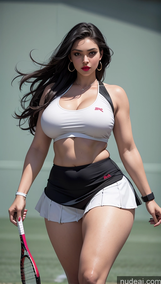 ai nude image of araffe woman in a white top and black skirt holding a tennis racket pics of Busty Lipstick Abs Big Hips Fat Fairer Skin Black Hair Long Hair Big Ass Tennis