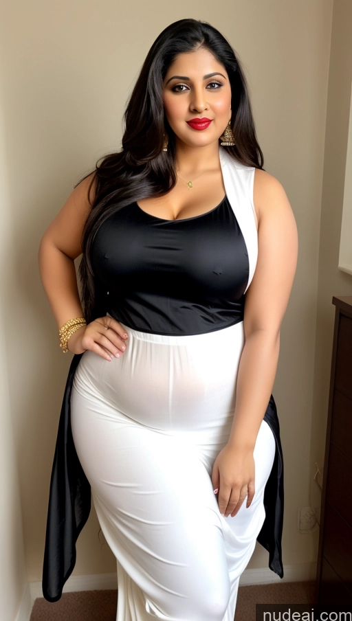 ai nude image of araffe woman in a black and white dress posing for a picture pics of Busty Lipstick Big Ass Abs Fat Big Hips Fairer Skin Black Hair Long Hair Indian Salwar