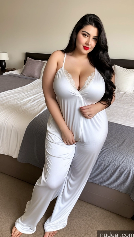 ai nude image of araffe woman in white pajamas posing in front of a bed pics of Busty Lipstick Big Ass Big Hips Fairer Skin Black Hair Long Hair Indian Chubby 18 Pajamas