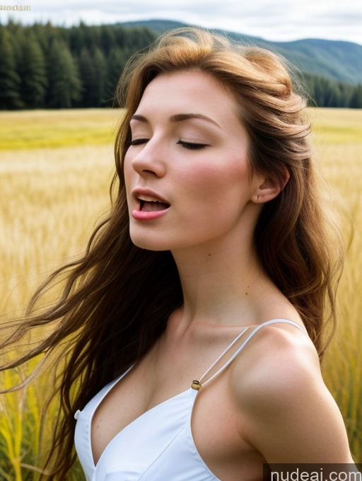 ai nude image of arafed woman in a white dress standing in a field of wheat pics of Woman Small Tits Beautiful Skinny Short Fairer Skin 18 Orgasm Ginger Long Hair White Side View Kisses Sundress Meadow Two