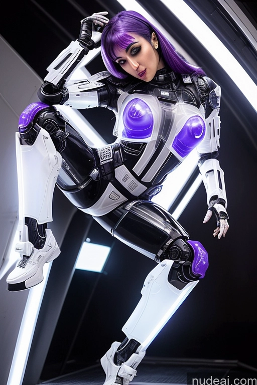 ai nude image of arafed woman in a futuristic suit posing for a picture pics of Cyborg One Perfect Body Small Tits 30s Ahegao Purple Hair Arabic Sci-fi Armor Transparent