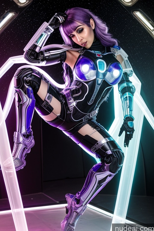 ai nude image of a close up of a woman in a futuristic suit posing for a picture pics of Cyborg One Perfect Body Small Tits 30s Ahegao Purple Hair Arabic Sci-fi Armor Transparent