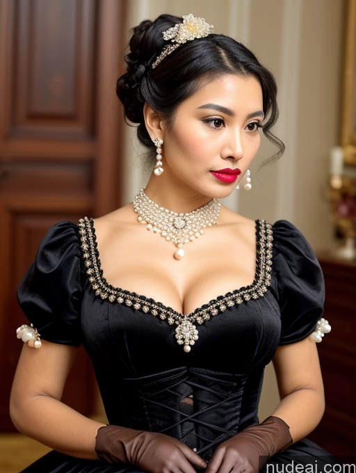 ai nude image of there is a woman wearing a black dress and a tiable pics of Milf Busty Skinny Short Lipstick 18 Sad Shocked Black Hair Hair Bun Filipina Front View Dress Traditional Victorian Bows Gloves Pearl Jewelry