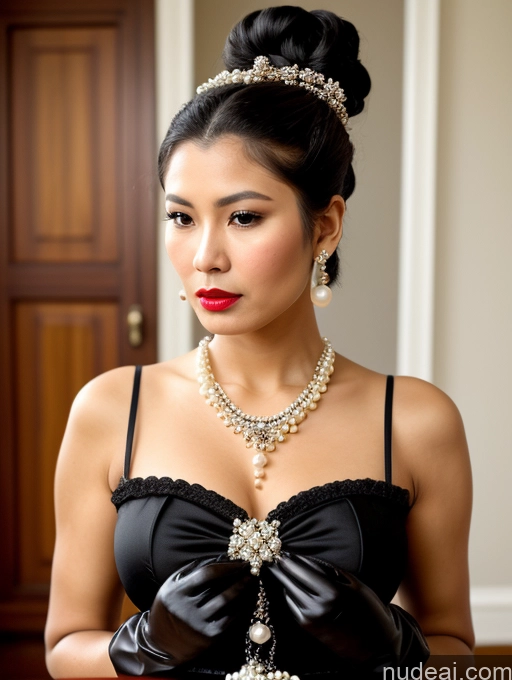 ai nude image of arafed woman in a black dress and pearls and a necklace pics of Milf Busty Skinny Short Lipstick 18 Sad Shocked Black Hair Hair Bun Filipina Front View Dress Traditional Victorian Bows Gloves Pearl Jewelry