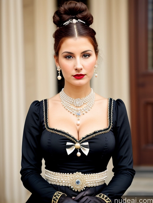 ai nude image of there is a woman in a black dress and pearls and a necklace pics of Milf Busty Skinny Short Lipstick 18 Sad Shocked Hair Bun Front View Dress Traditional Victorian Bows Gloves Pearl Jewelry French Ginger