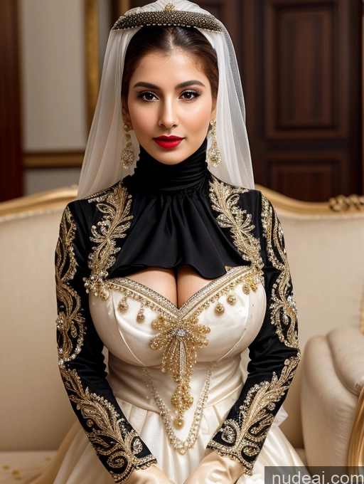 ai nude image of araffe woman in a wedding dress sitting on a couch pics of Milf Busty Skinny Short Lipstick 18 Sad Shocked Hair Bun Front View Dress Traditional Victorian Bows Gloves Pearl Jewelry French Ginger Huge Boobs Niqab