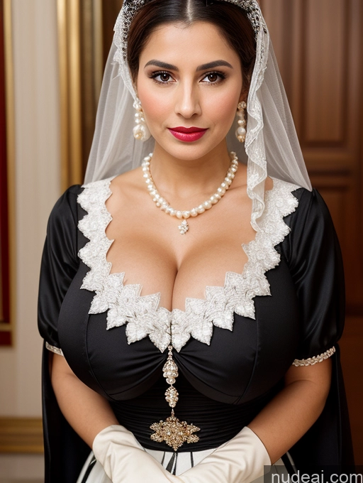 ai nude image of there is a woman in a black dress and a white veil pics of Milf Busty Skinny Short Lipstick 18 Sad Shocked Hair Bun Front View Dress Traditional Victorian Bows Gloves Pearl Jewelry Ginger Huge Boobs Niqab British