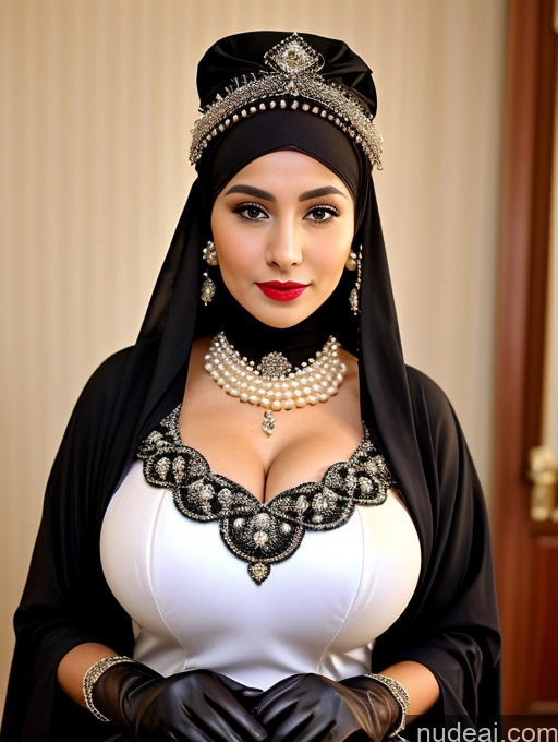 ai nude image of araffe dressed in a black and white outfit and a black veil pics of Milf Busty Skinny Short Lipstick 18 Sad Shocked Hair Bun Front View Dress Traditional Victorian Bows Gloves Pearl Jewelry Ginger Huge Boobs Niqab British