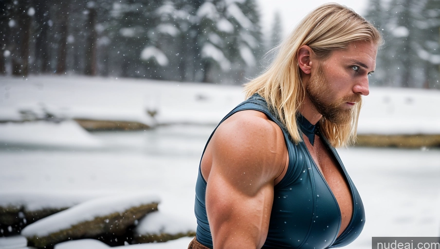 ai nude image of blond man with long hair and beard in a blue top pics of Bodybuilder Huge Boobs Muscular Abs Big Hips Long Legs 30s Serious Blonde Short Hair Scandinavian Snow Cumshot Viking