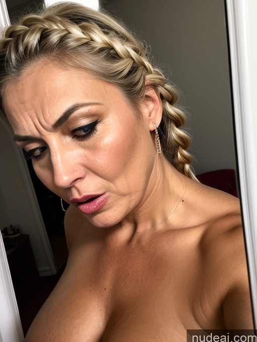 ai nude image of blond woman with big breast looking at herself in mirror pics of Milf Busty Perfect Boobs Lipstick Big Ass Skinny Perfect Body Tanned Skin Oiled Body 70s Serious Orgasm Angry Ahegao Blonde Braided Mirror Selfie Nightgown Topless Jewelry Dark Lighting Detailed