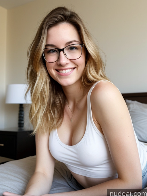 ai nude image of blond woman in glasses laying on bed with laptop computer pics of Woman Beautiful Skinny Short Fairer Skin 18 Long Hair White Blonde Glasses Perfect Boobs Front View Happy One Bedroom On Back Thick Tank Top Jeans