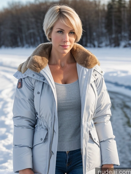 ai nude image of blond woman in a grey jacket and jeans standing in the snow pics of Bodybuilder Huge Boobs Muscular Abs Big Hips Long Legs Tall 30s Serious Blonde Short Hair Scandinavian Snow Parka