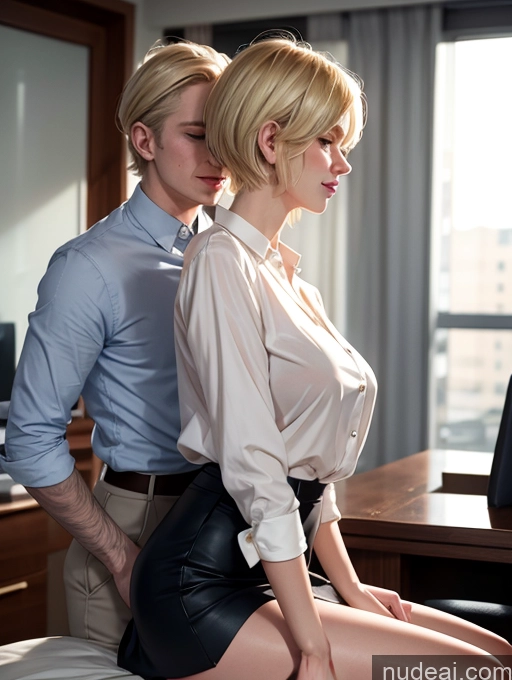 ai nude image of blond woman in a short skirt and a man in a shirt pics of Skinny Perfect Boobs Laughing Sexy Face Happy Blonde Bobcut Czech Office Blouse Shirt Mini Skirt Satin Simple Two Side View Spreading Legs Woman + Man 80s