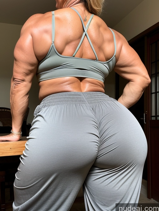 ai nude image of arafed woman in grey pants and a gray top standing on a table pics of Milf Thick Chubby Big Ass Muscular Oiled Body 50s Harem Pants