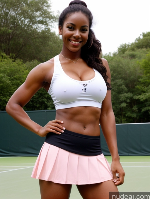 ai nude image of there is a woman that is standing on a tennis court pics of Busty Perfect Boobs Beautiful Muscular Perfect Body 20s Dark Skin Happy Laughing Black Hair Hair Bun Black Tennis Cleavage Straddling Mini Skirt