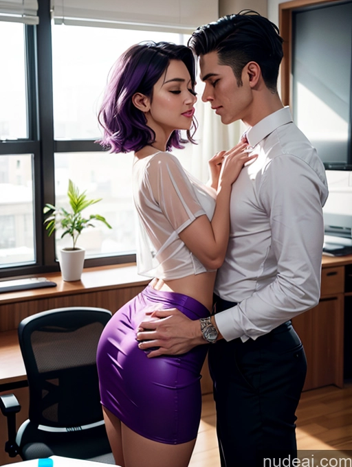 ai nude image of they are two people standing in an office together pics of 60s Czech Perfect Boobs Purple Hair Pixie Office Blouse Mini Skirt Satin Cleavage Transparent Simple Laughing Sexy Face Orgasm Two Side View Gaming Woman + Man