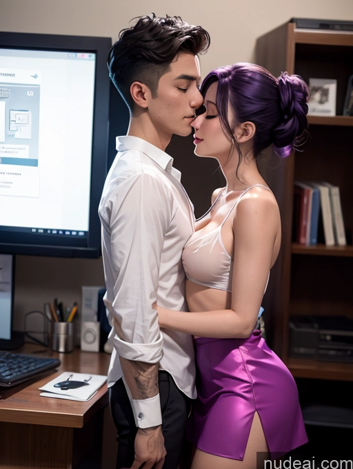 ai nude image of they are two people standing in front of a computer screen pics of 60s Czech Perfect Boobs Purple Hair Pixie Office Blouse Mini Skirt Satin Cleavage Transparent Simple Laughing Sexy Face Orgasm Two Side View Gaming Woman + Man