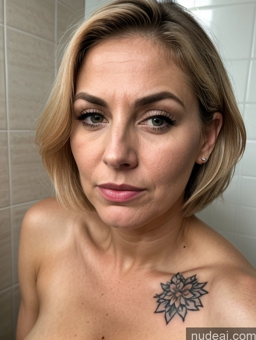 ai nude image of there is a woman with a tattoo on her chest in a bathroom pics of Bending Over Close-up View Tattoos Busty Tanned Skin Sexy Face Shocked Sad Serious Seductive Bobcut Jewish Bathroom Milf Angry 20s Blonde