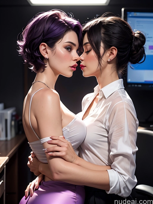 ai nude image of they are two women in a room with a computer and a desk pics of Czech Perfect Boobs Purple Hair Pixie Office Blouse Mini Skirt Satin Cleavage Transparent Simple 80s Pouting Lips Sexy Face Two Side View Woman + Man Massage Thick