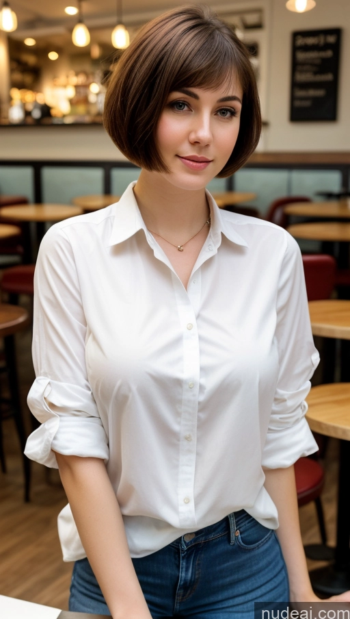 ai nude image of woman in white shirt and jeans standing in a restaurant with a plate of food pics of Busty Perfect Boobs Beautiful Thick Fairer Skin 18 Brunette Russian Close-up View Short Hair Shirt Jeans Cafe