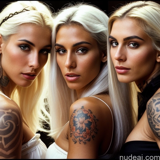 ai nude image of three women with tattoos on their arms and shoulder posing for a picture pics of Long Legs Muscular Tall Pubic Hair Perfect Body Dark Skin 18 Seductive White Hair Long Hair Film Photo Front View 80s Athlete Perfect Boobs Beautiful Tattoos Middle Eastern Hell Dirndl