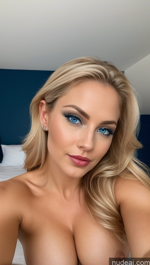 ai nude image of blond woman with blue eyes and big breast posing on a bed pics of Miss Universe Model Busty Perfect Boobs Beautiful Fairer Skin 30s Seductive Blonde Slicked British Bedroom On Back Sexy Face Deep Blue Eyes Close-up View Lipstick Pubic Hair