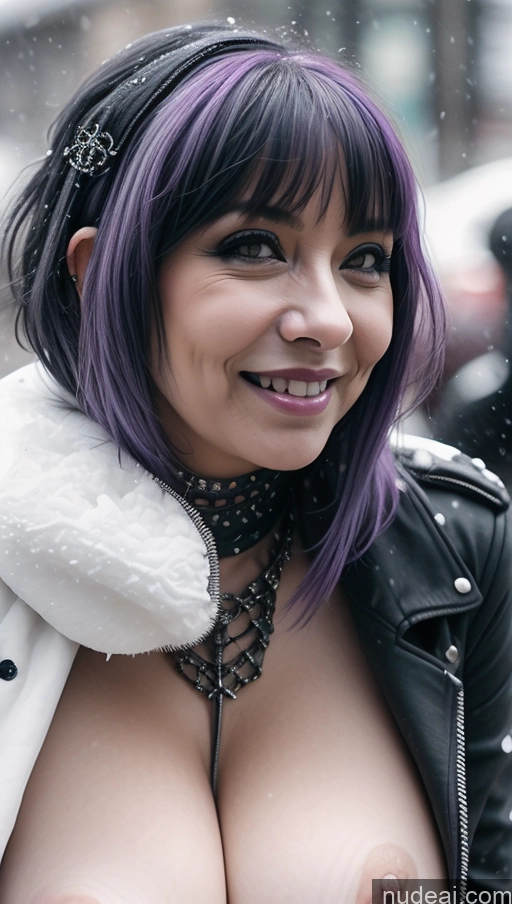 ai nude image of araffed woman with purple hair and a white jacket posing for a picture pics of Huge Boobs Busty Perfect Boobs Ethiopian Purple Hair Laughing Snow Close-up View Gothic Punk Girl Small Tits Milf Create An Open Vagina