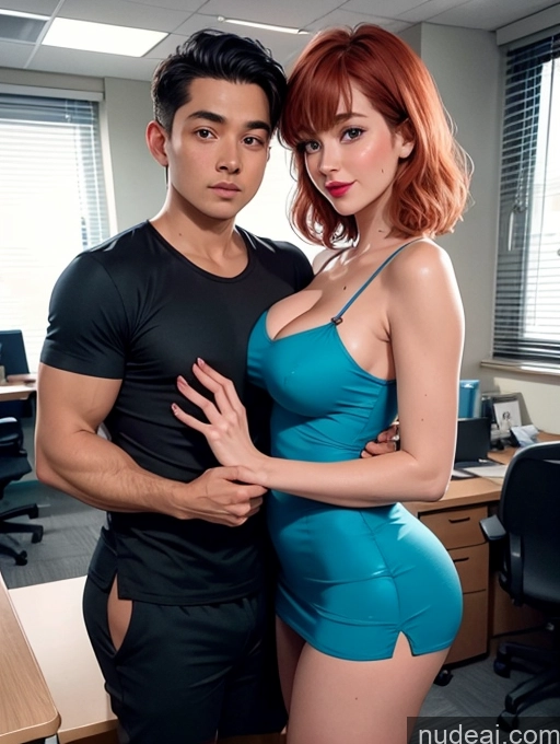 ai nude image of arafed asian woman in a blue dress and a man in a black shirt pics of Czech Office Simple 80s Thick Lipstick Perfect Boobs Big Ass Sexy Face Shocked Happy Busty Tanned Skin Ginger Bangs Two Massage Woman + Man Nightgown Mini Skirt